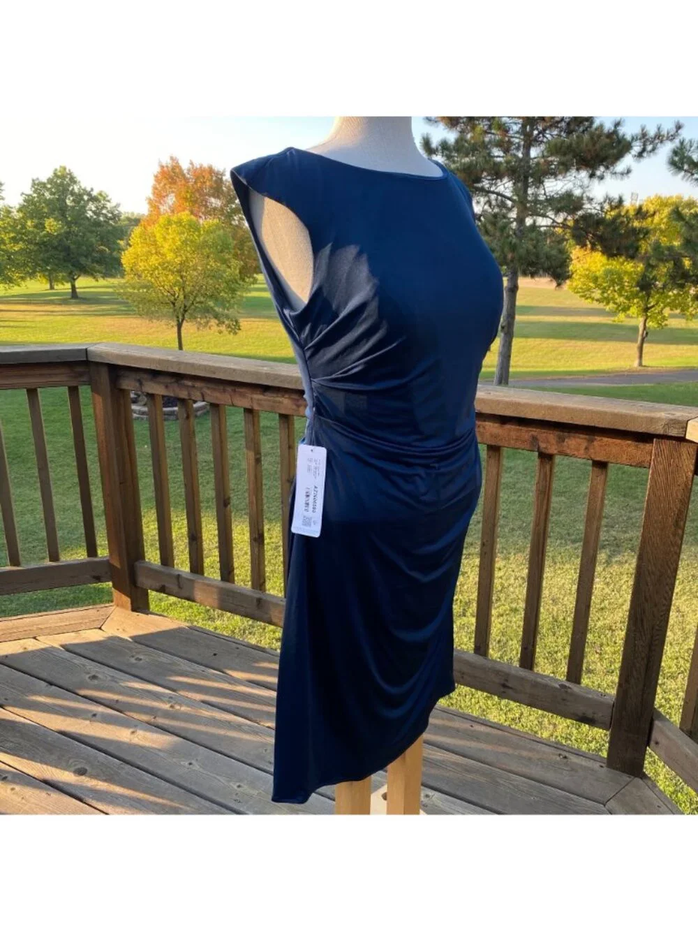Azazie Dayton MBD Ruched Dress Size L Sleeveless Navy Blue Custom 225983 - Picture 2 of 11